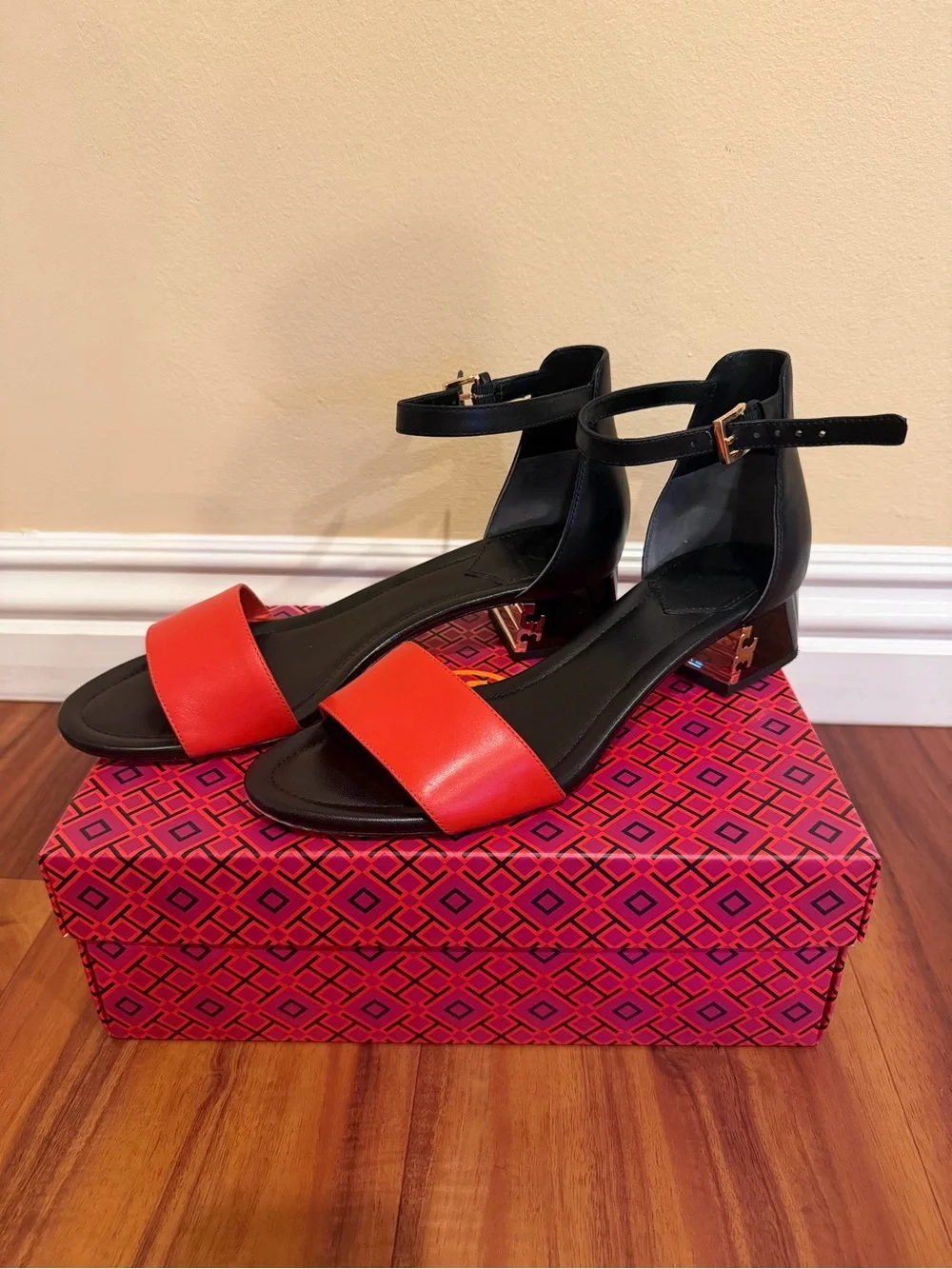 Tory Burch Black & Red Ankle-Strap Block Heel Sandals